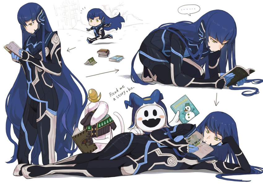 1boy 1girl 2others all_fours androgynous arm_support asymmetrical_hair bangs blue_bodysuit blue_hair bodysuit book chibi commentary_request donbee937 english_text eyelashes feet_out_of_frame full_body holding jack_frost legs long_hair lying male_focus multiple_others multiple_views on_side protagonist_(smtv) reading shadow shin_megami_tensei shin_megami_tensei_v shiny shiny_hair simple_background speech_bubble standing tail thoth_(megami_tensei) very_long_hair white_background yellow_eyes