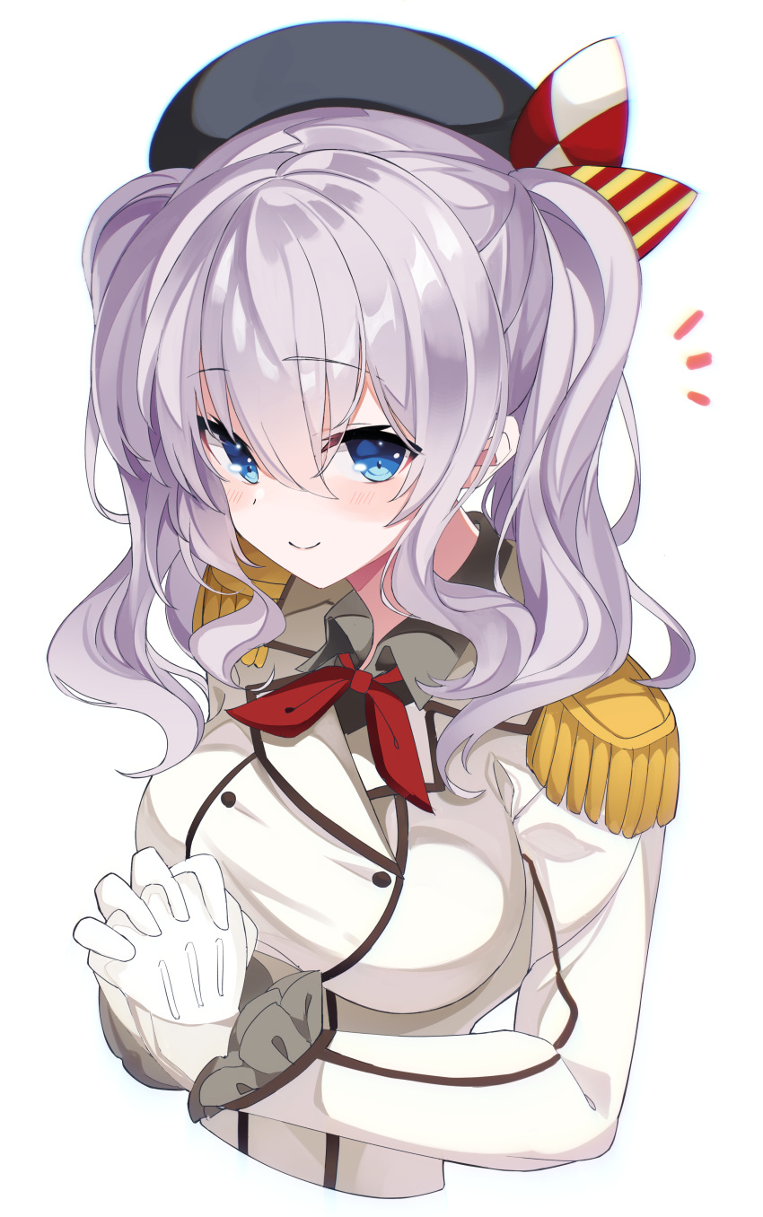 1girl absurdres beret black_headwear blue_eyes blush closed_mouth collared_shirt epaulettes eyebrows_visible_through_hair fathom gloves grey_shirt hair_between_eyes hat highres kantai_collection kashima_(kancolle) kerchief long_sleeves military military_uniform shirt short_hair silver_hair simple_background smile solo twintails uniform upper_body white_background white_gloves