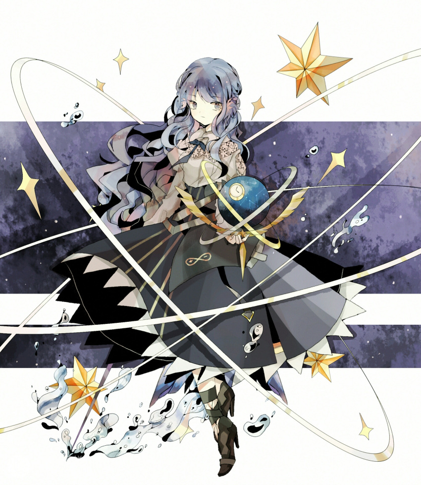 1girl :| arknights astesia_(arknights) bevelled_mirror blue_eyes blue_hair blue_ribbon blue_skirt celestial_sphere closed_mouth collared_shirt eyebrows_visible_through_hair floating full_body gold_trim high_heels highres holding long_hair long_skirt looking_at_viewer orbital_ring oripathy_lesion_(arknights) out_of_frame rhine_lab_logo ribbon shirt skirt solo star_(sky) star_(symbol) water water_drop white_shirt