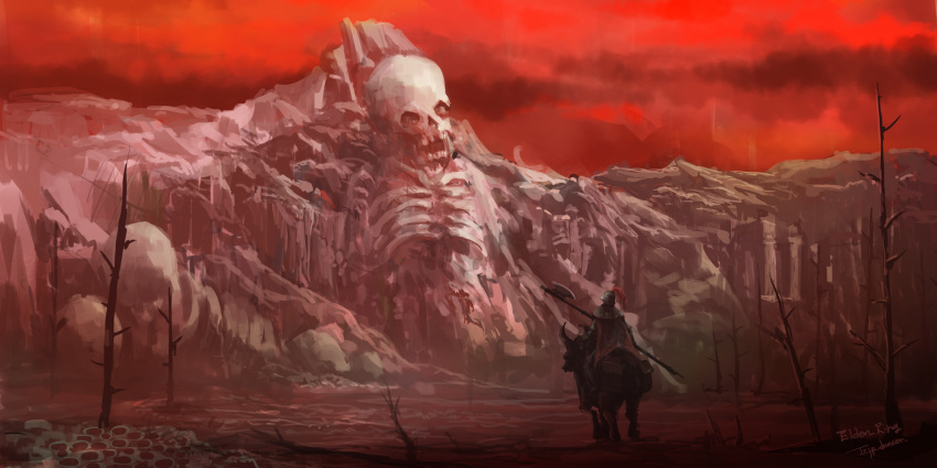 1other ambiguous_gender animal axe bag bare_tree cape elden_ring from_behind helm helmet highres holding holding_weapon horns horse outdoors red_sky red_theme skull sky tarnished_(elden_ring) torrent_(elden_ring) tree tripdancer weapon