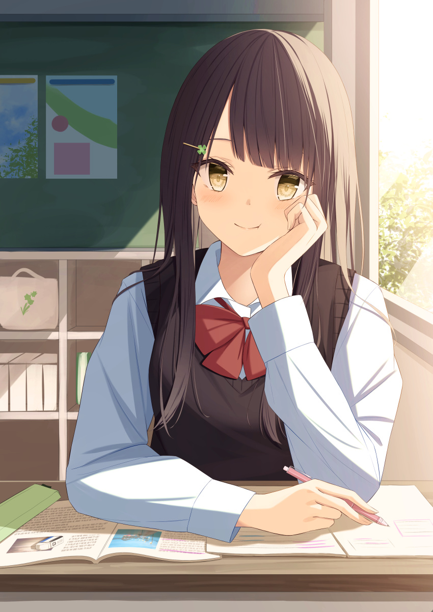 1girl absurdres bangs black_hair black_sweater_vest blunt_bangs blush bow classroom collared_shirt commentary_request desk hair_ornament hairclip hand_on_own_face highres holding holding_pencil indoors long_hair looking_at_viewer original pencil red_bow school_uniform senri_(senri_sen) shirt sitting smile sweater_vest white_shirt yellow_eyes