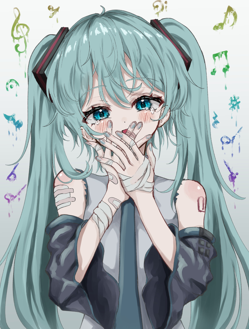 1girl :d absurdres bandaged_arm bandaged_fingers bandaged_hand bandages bandaid bandaid_on_arm bandaid_on_hand bandaid_on_shoulder bangs bare_shoulders blue_eyes blue_hair blush covering_mouth crying crying_with_eyes_open detached_sleeves grey_shirt hair_ornament hatsune_miku highres kayon_(touzoku) long_hair long_sleeves messy_hair musical_note necktie open_mouth paint rainbow_gradient shirt sleeveless sleeveless_shirt smile solo tearing_up tears twintails very_long_hair vocaloid