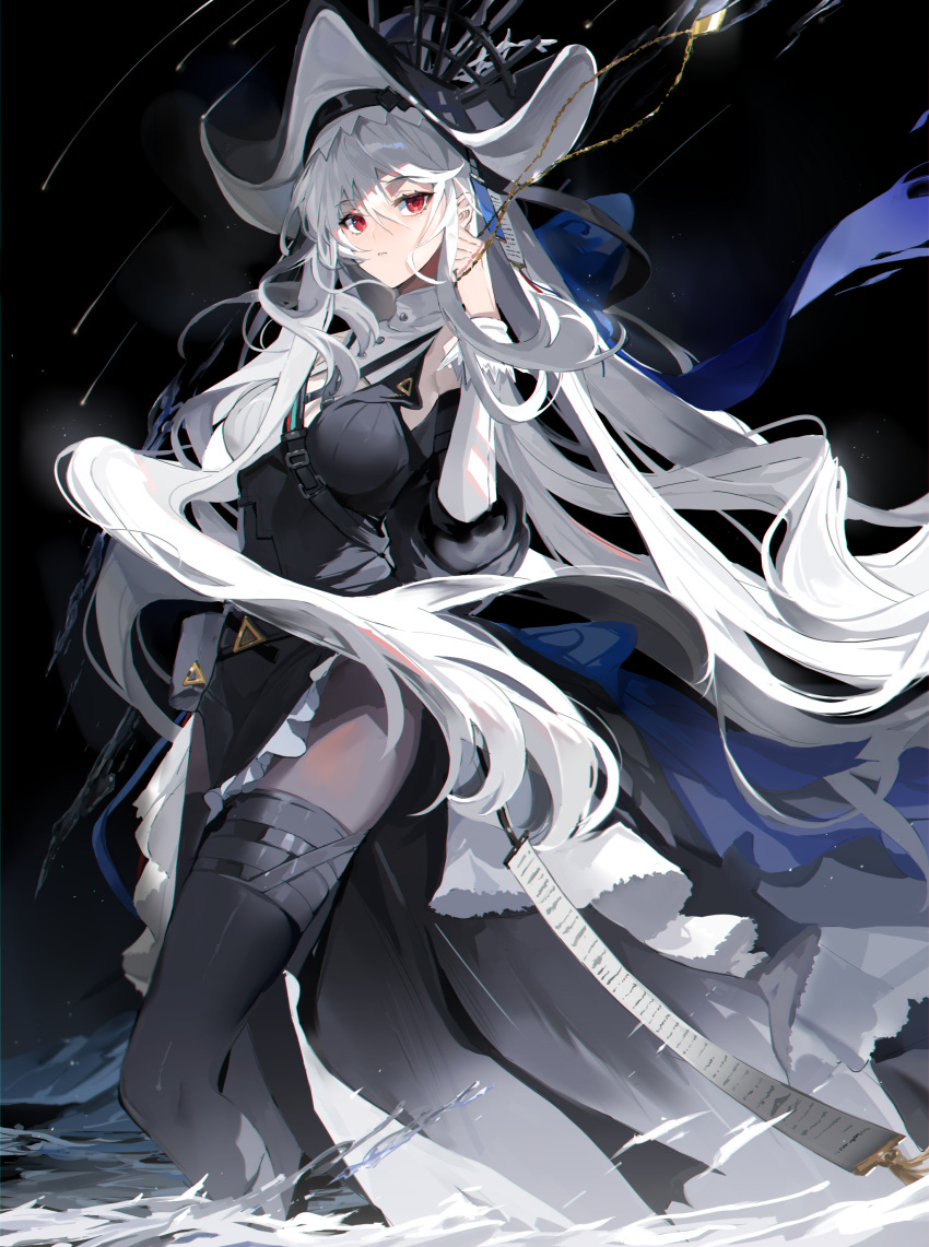 1girl absurdres arknights bare_shoulders black_dress black_headwear black_legwear breasts clothing_cutout dress hat highres holding holding_jewelry jewelry long_hair long_sleeves looking_at_viewer medium_breasts meng_ziya necklace pantyhose red_eyes shoulder_cutout silver_hair solo specter_(arknights) specter_the_unchained_(arknights) very_long_hair wading water