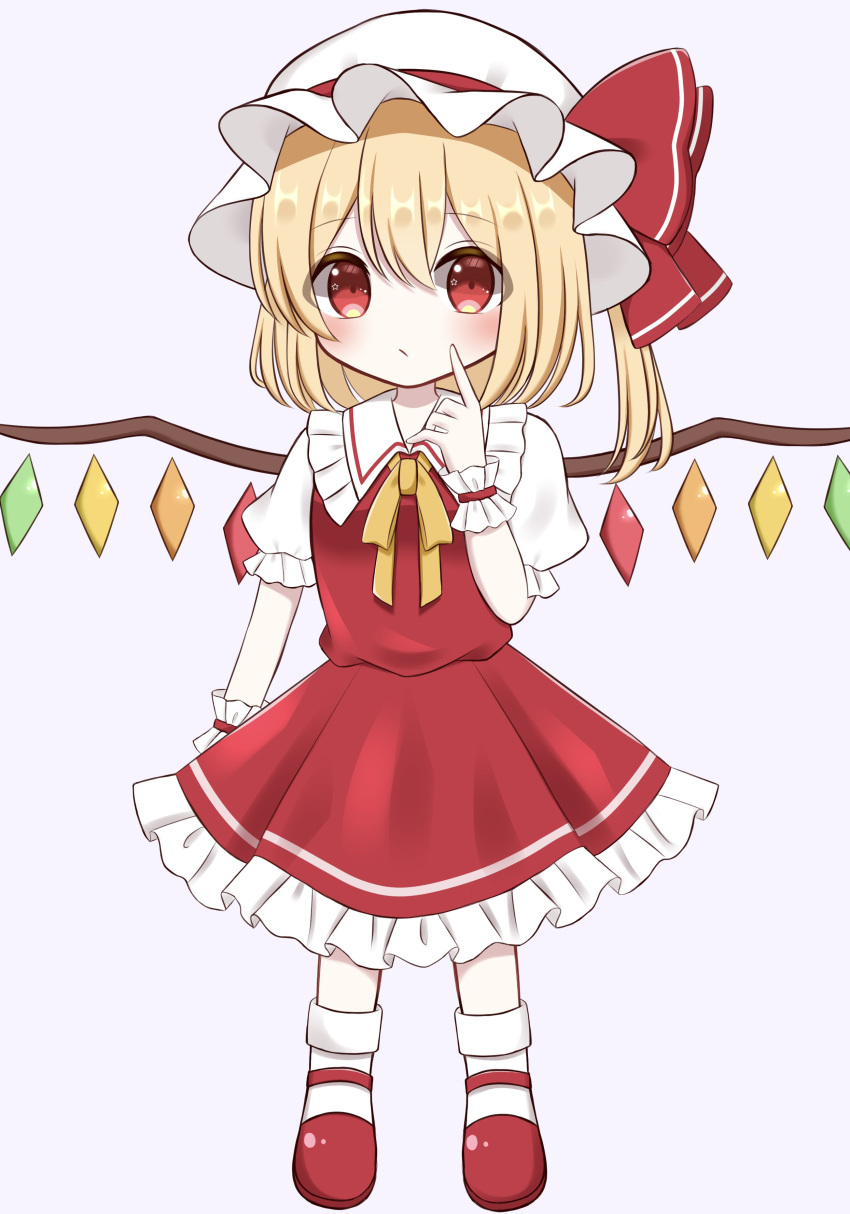 1girl absurdres bangs blonde_hair blush bow bowtie breasts chibi closed_mouth collared_shirt commentary_request crystal dress eyebrows_visible_through_hair eyes_visible_through_hair flandre_scarlet frills full_body hair_between_eyes hand_up hat hat_ribbon highres jewelry looking_at_viewer medium_breasts mob_cap multicolored_wings one_side_up piyoru_nico pointing puffy_short_sleeves puffy_sleeves purple_background red_dress red_eyes red_footwear red_ribbon ribbon shirt shoes short_hair short_sleeves simple_background socks solo standing star_(symbol) star_in_eye symbol_in_eye touhou white_headwear white_legwear white_shirt wings wrist_cuffs yellow_bow yellow_bowtie