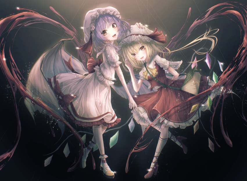 2girls :d absurdres adjusting_hair ambiguous_red_liquid bat_wings blonde_hair blush book bow bowtie collared_shirt commentary crystal eyebrows_behind_hair fangs fingernails flandre_scarlet frilled_shirt_collar frilled_skirt frills full_body gradient gradient_background hand_on_another's_head hat hat_ribbon heart high_heels highres kneehighs looking_at_viewer looking_to_the_side mary_janes medium_hair mob_cap multicolored_footwear multiple_girls open_mouth puffy_short_sleeves puffy_sleeves purple_hair red_bow red_eyes red_ribbon red_skirt red_vest remilia_scarlet ribbon shirt shoes short_sleeves siblings simple_background sisters skirt skirt_set smile socks standing standing_on_one_leg teeth tongue touhou tqg_07 vest waist_bow white_headwear white_legwear white_shirt white_skirt wings yellow_bow yellow_bowtie