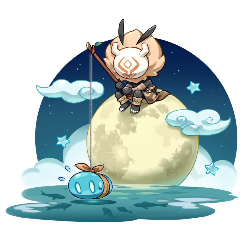 black_skin chibi colored_skin fish fishing fishing_rod genshin_impact highres hilichurl_(genshin_impact) holding holding_fishing_rod mask moon night night_sky official_art sitting sky slime_(genshin_impact) tribal