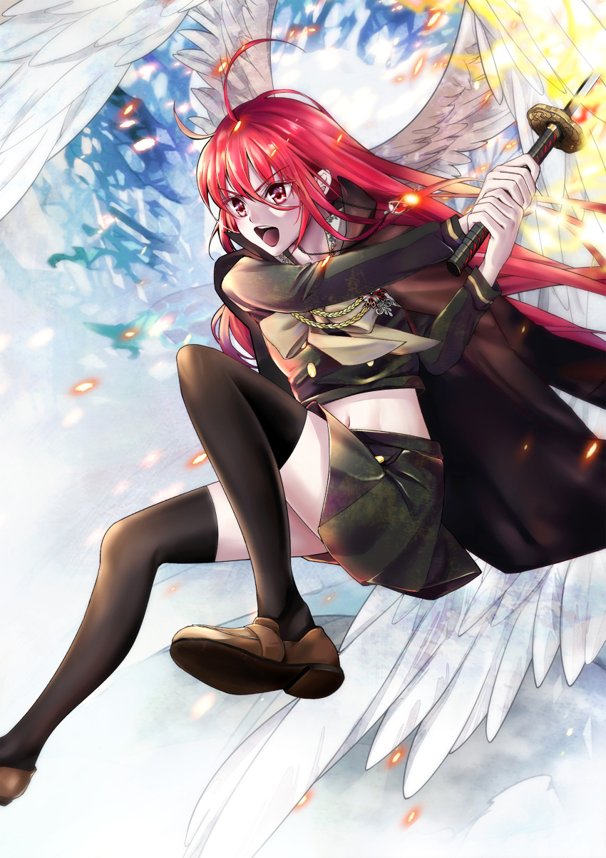 1girl :d absurdres ahoge alastor_(shakugan_no_shana) bangs black_legwear brown_footwear crop_top feathered_wings floating_hair gosen_(hsiayun422) green_shirt green_skirt hair_between_eyes highres holding holding_sword holding_weapon loafers long_hair midriff miniskirt navel open_mouth pleated_skirt red_eyes redhead shakugan_no_shana shana shiny shiny_hair shirt shoes skirt smile solo stomach sword thigh-highs v-shaped_eyebrows very_long_hair weapon white_wings wings zettai_ryouiki
