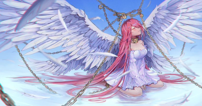 1girl angel_wings bare_shoulders chain chained closed_eyes collar cuffs detached_sleeves dress feathered_wings gweni hair_over_one_eye highres long_hair metal_collar original pink_hair shackles sitting solo strapless strapless_dress very_long_hair wariza white_dress wings