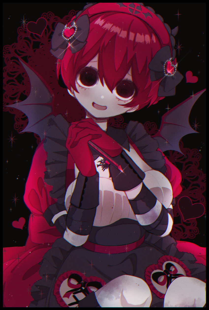 1girl absurdres apron bangs bat_wings black_apron black_eyes blush bow boxcutter bruise demon_wings detached_collar dress empty_eyes frills gloves hair_bow hair_ornament headband heart heart_hair_ornament highres injury knees_up lace long_sleeves looking_at_viewer open_mouth original own_hands_clasped own_hands_together patch puffy_short_sleeves puffy_sleeves red_dress redhead sadf8353 short_hair short_sleeves smile solo sparkle striped_sleeves wings