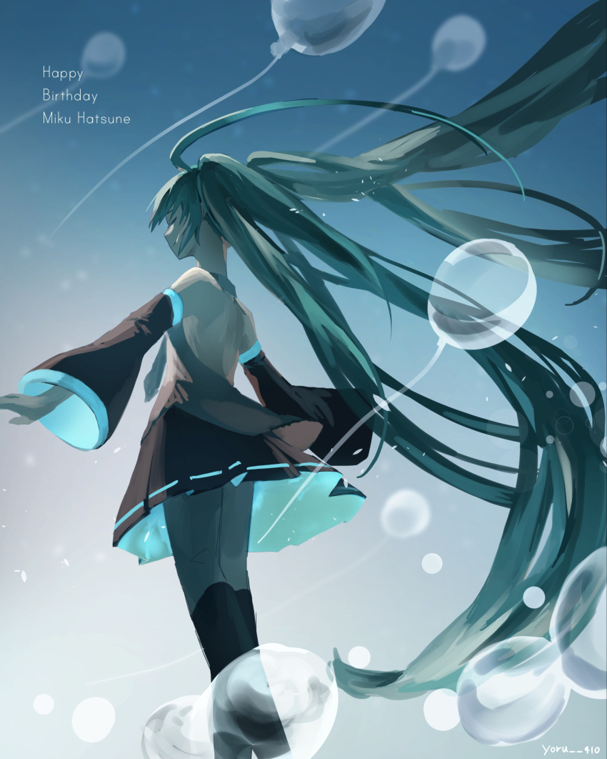 1girl absurdres ahoge arms_up balloon bangs bare_shoulders birthday black_legwear blue_eyes closed_eyes closed_mouth detached_sleeves english_text floating_hair hatsune_miku highres kneehighs long_hair long_sleeves medium_skirt outstretched_arms skirt sleeveless smile solo twintails very_long_hair vocaloid yoru_410