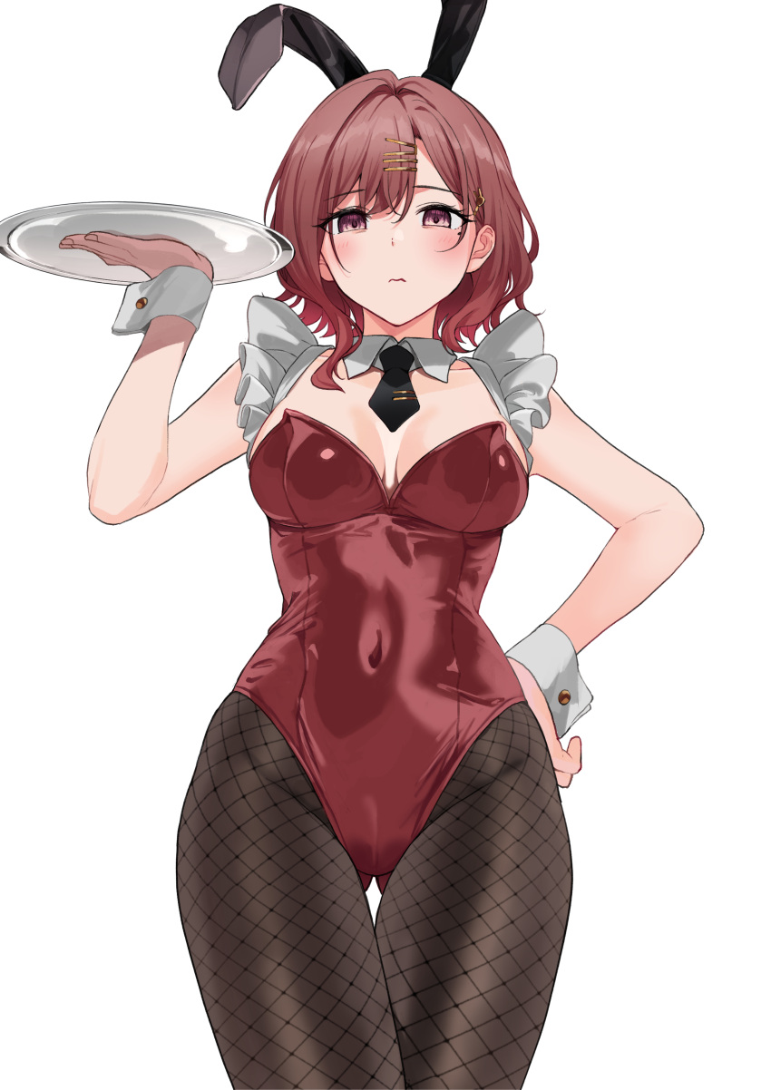 1girl absurdres animal_ears black_legwear black_necktie blush breasts breasts_apart brown_hair covered_navel detached_collar english_commentary fake_animal_ears fishnet_legwear fishnets frills hair_ornament hairclip hand_on_hip highres higuchi_madoka holding holding_tray idolmaster idolmaster_shiny_colors leotard looking_at_viewer medium_breasts mole mole_under_eye necktie nonbire pantyhose playboy_bunny rabbit_ears red_leotard short_hair solo tray violet_eyes white_background wrist_cuffs