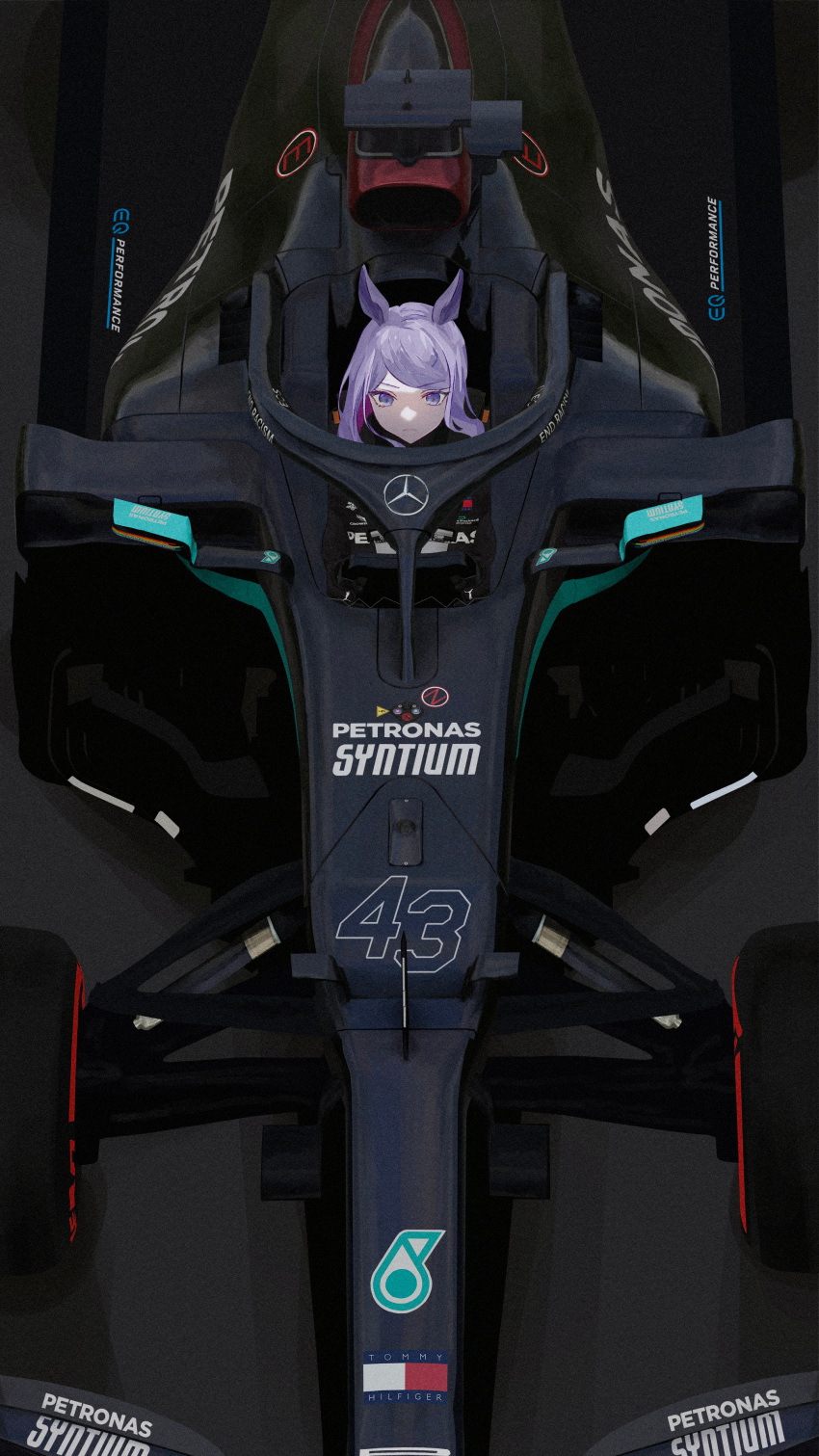 1girl absurdres animal_ears arasaka_inu bangs black_gloves black_racing_suit car chinese_commentary closed_mouth commentary crowdstrike english_commentary eyebrows_visible_through_hair formula_one from_above gloves ground_vehicle hewlett_packard highres horse_ears horse_girl long_hair looking_ahead mejiro_mcqueen_(umamusume) mercedes-benz mixed-language_commentary motor_vehicle numbered petronas purple_hair race_vehicle racecar racing racing_suit sidelocks solo swept_bangs tommy_hilfiger umamusume v-shaped_eyebrows violet_eyes