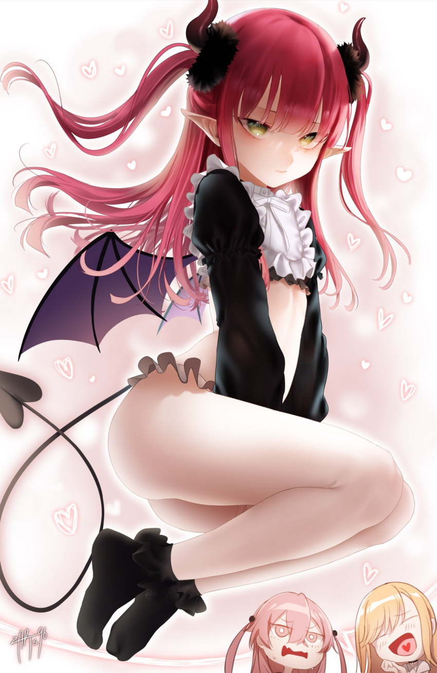 2girls ^_^ bangs black_legwear blunt_bangs blush chibi closed_eyes closed_mouth cosplay crop_top demon_girl demon_horns demon_tail demon_wings embarrassed english_commentary feet_together flat_chest frilled_panties frilled_shirt frills from_side full_body green_eyes heart heart_background heart_in_mouth highres horns imagining inui_sajuna kitagawa_marin legs_together long_hair looking_at_viewer multiple_girls open_mouth panties pointy_ears redhead rizu-kyun shirt signature socks solo_focus sono_bisque_doll_wa_koi_wo_suru sweatdrop tail thighs thought_bubble two_side_up underwear wide-eyed wings zasshu