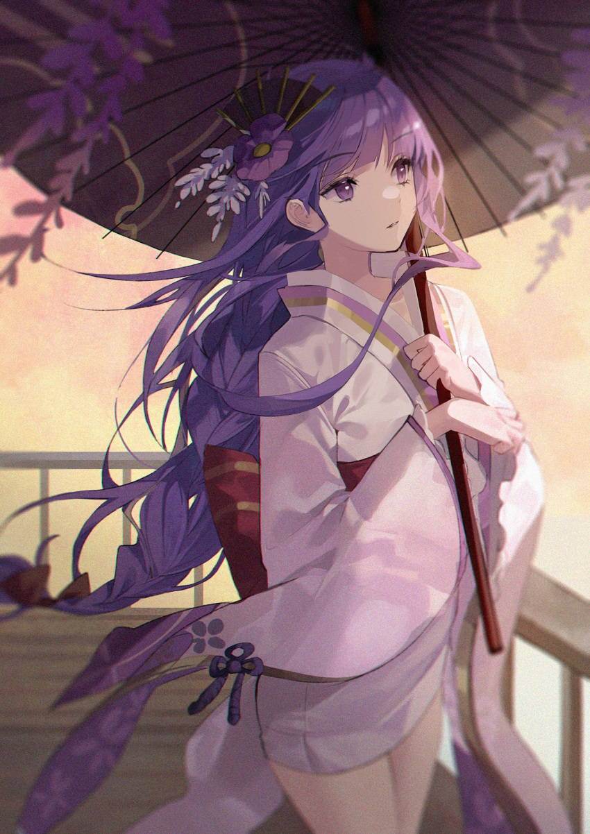 1girl bangs braid cowboy_shot deck eyebrows_visible_through_hair flower genshin_impact hair_fan hair_flower hair_ornament highres holding holding_umbrella japanese_clothes kimono long_braid long_hair looking_afar obi oil-paper_umbrella purple_hair raiden_shogun retty2706 sash short_kimono single_braid solo standing umbrella very_long_hair violet_eyes white_kimono wide_sleeves