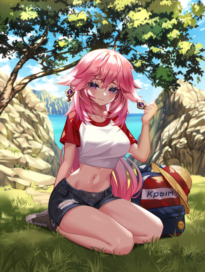 1girl absurdres alternate_costume animal_ears blue_sky breasts closed_mouth clouds cloudy_sky crop_top female_only footwear genshin_impact grass hat headwear_request highres kitsunemimi kokonattsu large_breasts light_rays long_hair mountain pink_hair shoes shorts sky smile sneakers solo sunbeam sunlight tree very_high_resolution violet_eyes water yae_miko