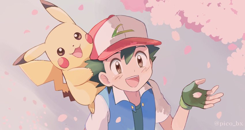 1boy :d ash_ketchum bangs baseball_cap brown_eyes falling_petals fingerless_gloves gloves green_hair hair_between_eyes hand_up hat highres jacket male_focus mei_(maysroom) on_shoulder open_mouth petals pikachu pokemon pokemon_(anime) pokemon_(classic_anime) pokemon_(creature) pokemon_on_shoulder shirt short_hair short_sleeves smile teeth tongue twitter_username upper_body upper_teeth