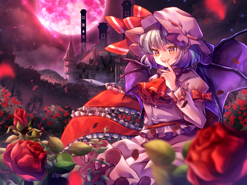 1girl :d ascot blue_hair blush bow building bush castle clouds commentary demon_wings eyebrows_visible_through_hair finger_to_mouth fingernails flower forest full_moon hand_up hat hat_ribbon highres horinatu juliet_sleeves leaf long_sleeves looking_at_viewer mob_cap moon nature open_mouth orange_eyes outdoors petals pink_headwear pink_shirt pink_skirt puffy_sleeves red_ascot red_bow red_flower red_moon red_ribbon red_rose remilia_scarlet ribbon ribbon-trimmed_sleeves ribbon_trim rose rose_petals sharp_fingernails shirt short_hair skirt skirt_set smile solo teeth touhou tower upper_teeth wings