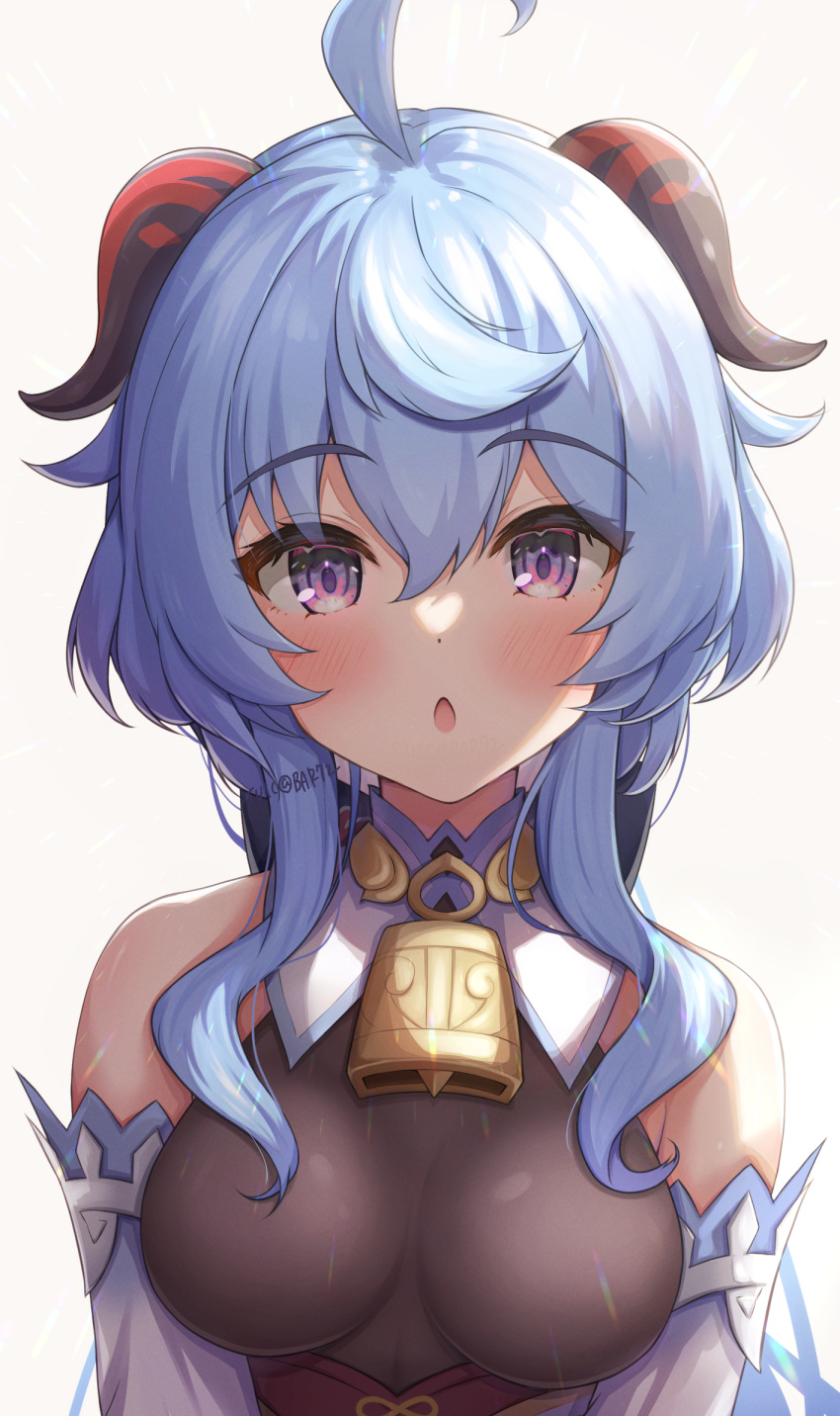 1girl :o ahoge bangs bare_shoulders bell blue_hair blush breasts detached_sleeves eyebrows_visible_through_hair ganyu_(genshin_impact) genshin_impact highres horns long_hair looking_at_viewer medium_breasts neck_bell open_mouth sidelocks solo suicabar72 upper_body violet_eyes white_background white_sleeves