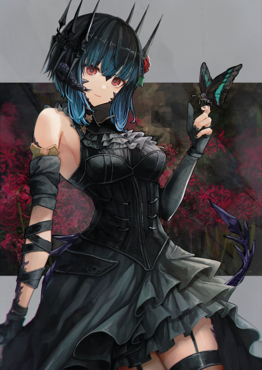 1girl absurdres ascot au_ra avatar_(ff14) bangs bare_shoulders black_dress black_gloves black_hair black_legwear black_nails blue_hair bug butterfly butterfly_on_hand commentary commission corset cowboy_shot detached_sleeves dragon_horns dragon_tail dress final_fantasy final_fantasy_xiv flower garter_straps gloves gradient_hair grey_ascot hair_flower hair_ornament hand_up high_collar highres horns looking_at_viewer multicolored_hair nail_polish partially_fingerless_gloves red_eyes scales short_hair skeb_commission smile solo spider_lily straw_like tail thigh-highs two-tone_hair