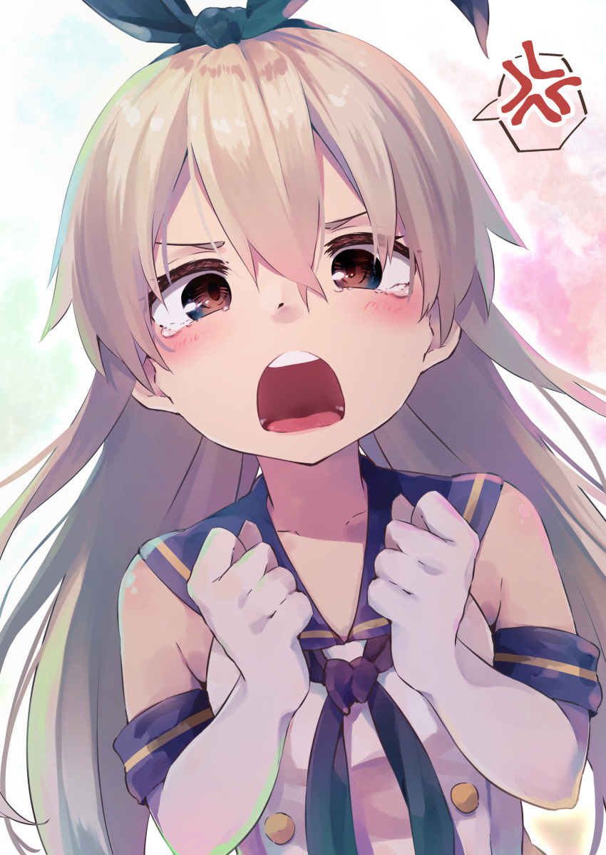 1girl absurdres anger_vein black_neckerchief blonde_hair blue_sailor_collar brown_eyes buttons clenched_hands crop_top elbow_gloves gloves highres kantai_collection long_hair looking_at_viewer neckerchief open_mouth sailor_collar shimakaze_(kancolle) solo spoken_anger_vein taisho_(gumiyuki) upper_body white_background white_gloves