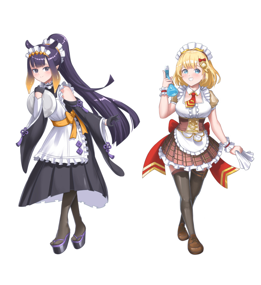 2girls absurdres alternate_costume alternate_hairstyle black_eyes black_gloves black_legwear blonde_hair blue_eyes breasts burnt_green_tea center_frills commentary english_commentary enmaided frills full_body gloves grin hair_ornament hairclip half_gloves highres hololive hololive_english long_hair looking_at_viewer maid maid_headdress medium_breasts medium_hair monocle_hair_ornament multiple_girls ninomae_ina'nis platform_footwear pointy_ears ponytail puffy_short_sleeves puffy_sleeves short_sleeves simple_background smile thigh-highs tray very_long_hair virtual_youtuber watch watson_amelia white_background wide_sleeves wrist_cuffs
