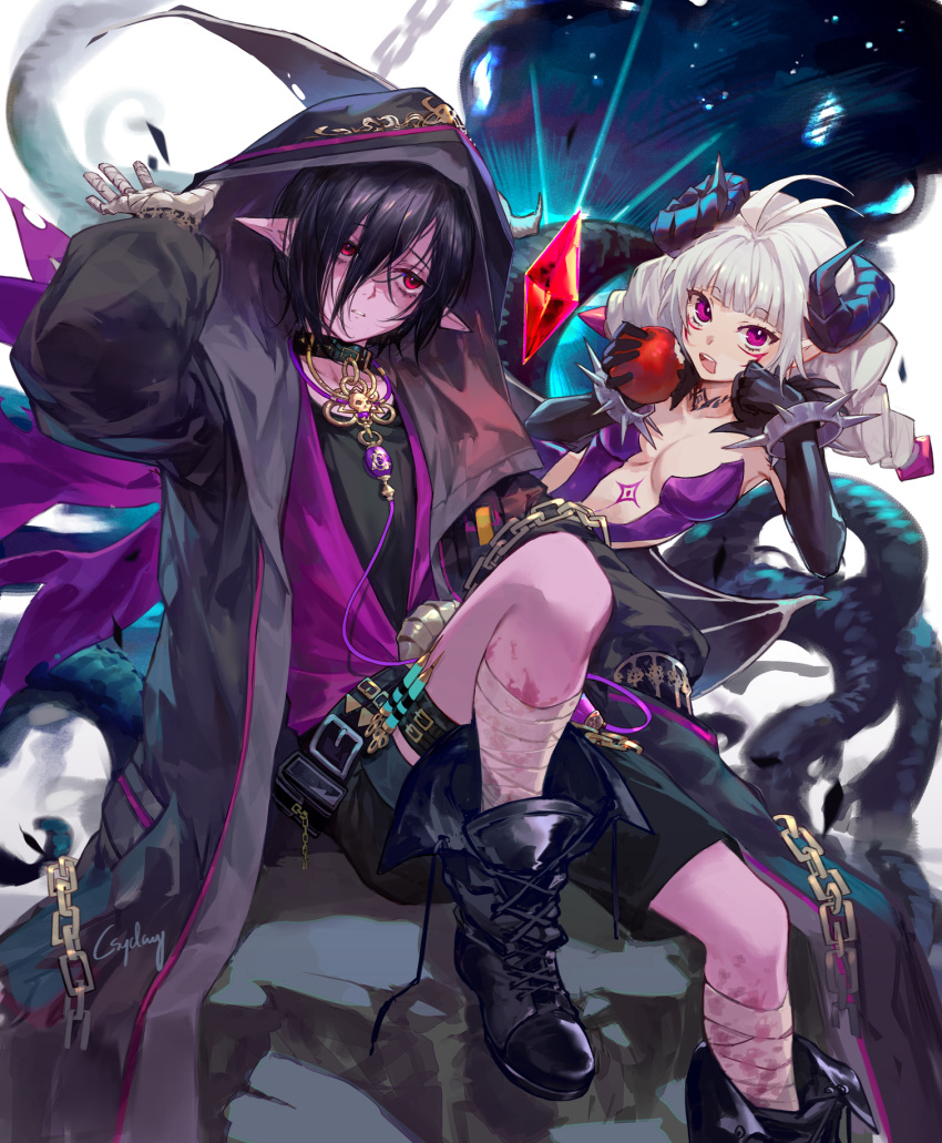 1boy 1girl antenna_hair apple arm_up bandaged_hand bandaged_leg bandages belt belt_pouch black_coat black_footwear black_gloves black_hair blood blood_on_bandages blue_horns bracelet chain character_request choker coat crystal csyday demon_girl demon_horns demon_wings dungeon_and_fighter eating elbow_gloves eyebrows_visible_through_hair food fruit gloves green_choker grey_hair hair_between_eyes head_rest highres holding holding_food holding_fruit hood hood_up hooded_coat horns jewelry long_hair looking_at_viewer low_wings open_clothes open_coat open_mouth parted_lips pointy_ears pouch rock signature sitting spiked_bracelet spikes teeth tentacles thigh_strap tongue torn twintails vial wings
