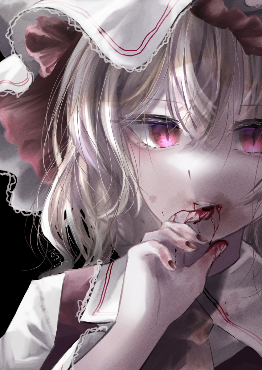 1girl absurdres ascot blonde_hair blood blood_on_face blood_on_hands collared_shirt commentary fingernails flandre_scarlet frilled_hat frills hat highres looking_at_viewer mob_cap pink_eyes red_vest shirt short_hair solo t_terano touhou vampire vest white_shirt yellow_ascot