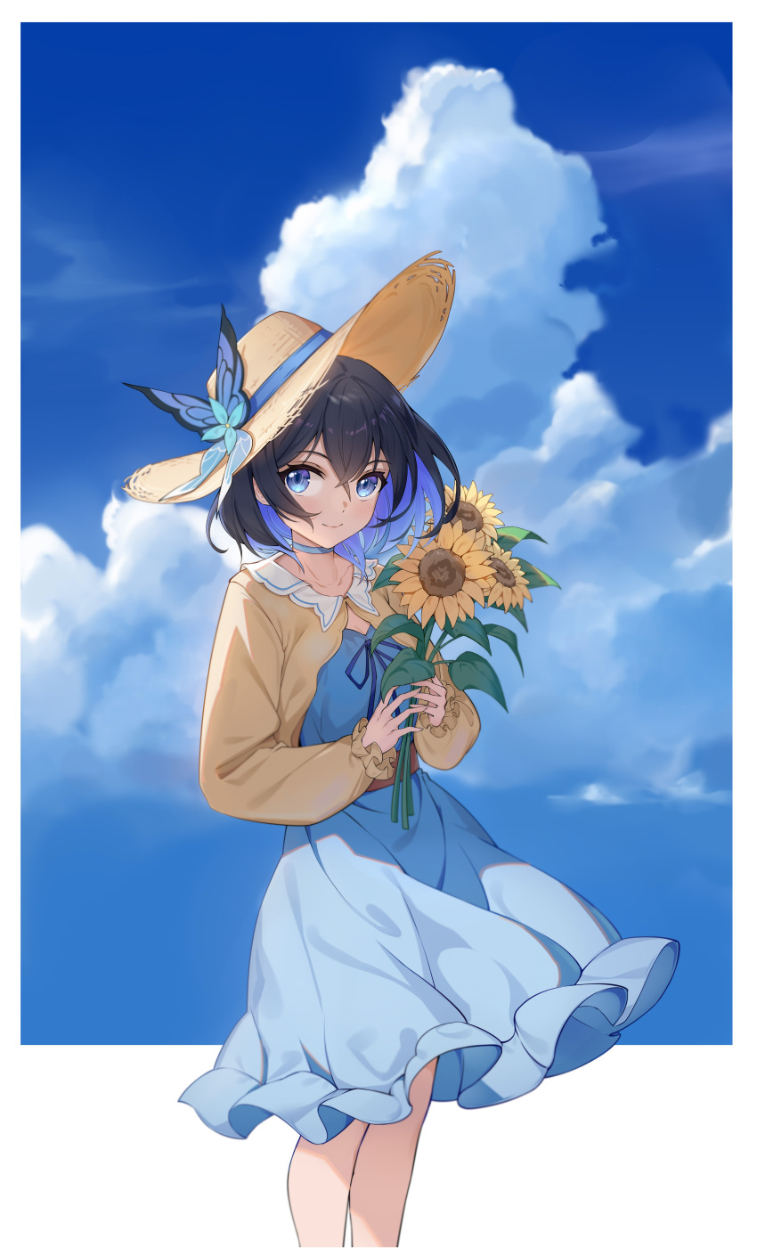 1girl absurdres bangs black_hair blue_choker blue_dress blue_eyes blue_hair blue_sky brown_headwear butterfly_hat_ornament choker closed_mouth collarbone colored_inner_hair dress eyebrows_visible_through_hair feet_out_of_frame flower hat hat_ornament highres holding holding_flower honkai_(series) honkai_impact_3rd long_sleeves looking_at_viewer multicolored_hair outdoors outside_border seele_vollerei shenqi_xiao_hong_zai_nali short_hair sky smile solo standing straw_hat sunflower two-tone_hair yellow_flower