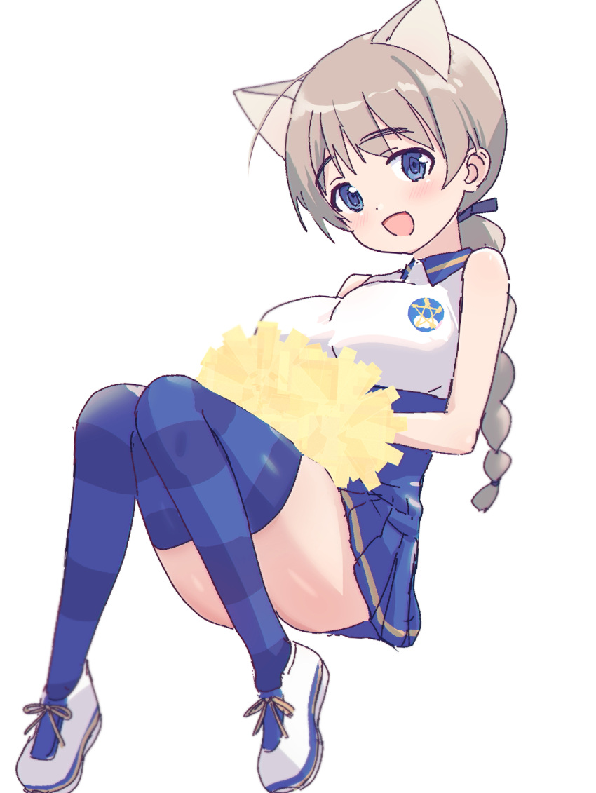 1girl animal_ears blue_eyes blush breasts brown_hair cat_ears cheerleader eyebrows_visible_through_hair highres large_breasts looking_at_viewer lynette_bishop mejina open_mouth pom_pom_(cheerleading) shiny shiny_hair simple_background smile solo strike_witches striped striped_legwear thigh-highs white_background world_witches_series