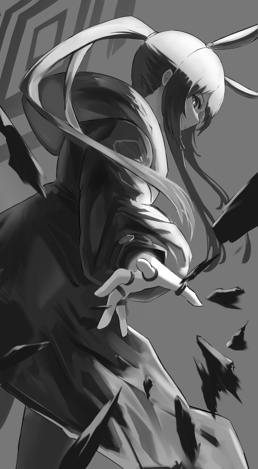 1girl absurdres amiya_(arknights) animal_ears arknights closed_mouth coat dutch_angle firing from_behind grey_background greyscale highres jewelry long_hair long_sleeves looking_at_viewer looking_back monochrome multiple_rings open_clothes open_coat ponytail profile rabbit_ears ring sidelocks simple_background solo standing uryu_(uryu0329)