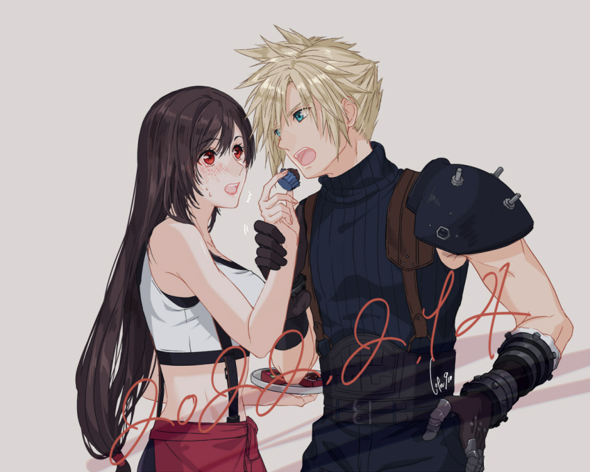 1boy 1girl apron armor bare_shoulders black_hair black_skirt blonde_hair blue_eyes blush breasts chocolate cloud_strife couple crop_top dated final_fantasy final_fantasy_vii final_fantasy_vii_remake gloves grabbing_another's_hand hetero holding kudou_asami large_breasts long_hair midriff open_mouth red_eyes shoulder_armor skirt sleeveless sleeveless_turtleneck spiky_hair suspender_skirt suspenders tank_top tifa_lockhart turtleneck valentine waist_apron