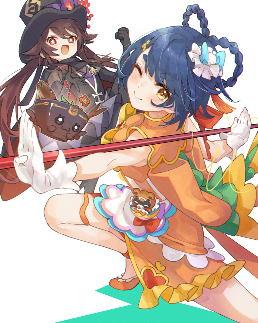 2girls blue_hair bowl braid brown_hair fish genshin_impact gloves hat highres holding holding_polearm holding_weapon hu_tao_(genshin_impact) looking_at_viewer multiple_girls one_eye_closed open_mouth polearm red_eyes simple_background smile top_hat twin_braids weapon white_background white_gloves xiangling_(genshin_impact) yellow_eyes yoco_n