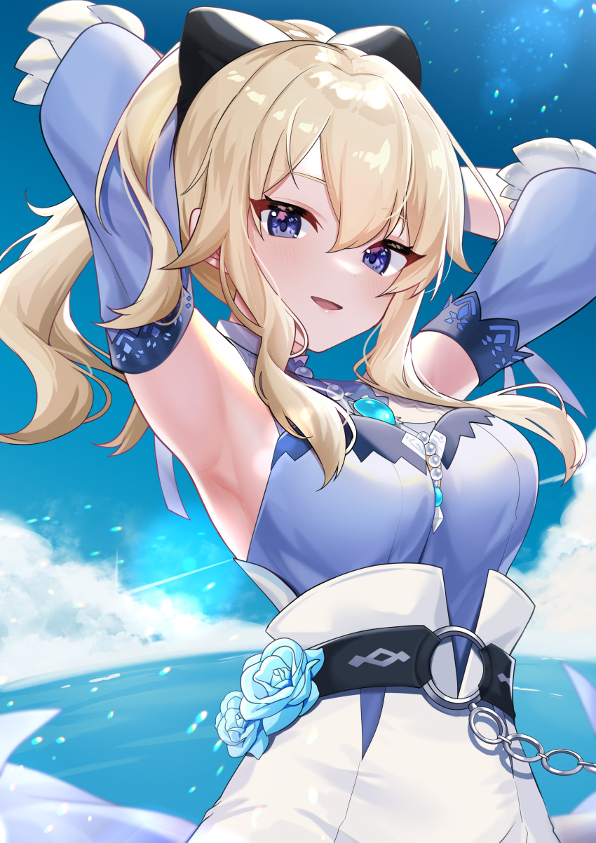 1girl :d absurdres armpits arms_up black_bow blonde_hair blue_eyes blue_flower blue_rose blue_shorts bow breasts detached_sleeves flower genshin_impact hair_bow high-waist_shorts highres jean_(genshin_impact) jean_(sea_breeze_dandelion)_(genshin_impact) large_breasts long_hair looking_at_viewer ocean ponytail rose shirt shorts sleeveless sleeveless_shirt smile solo upper_body yukisuke_(user_gtmm7833)