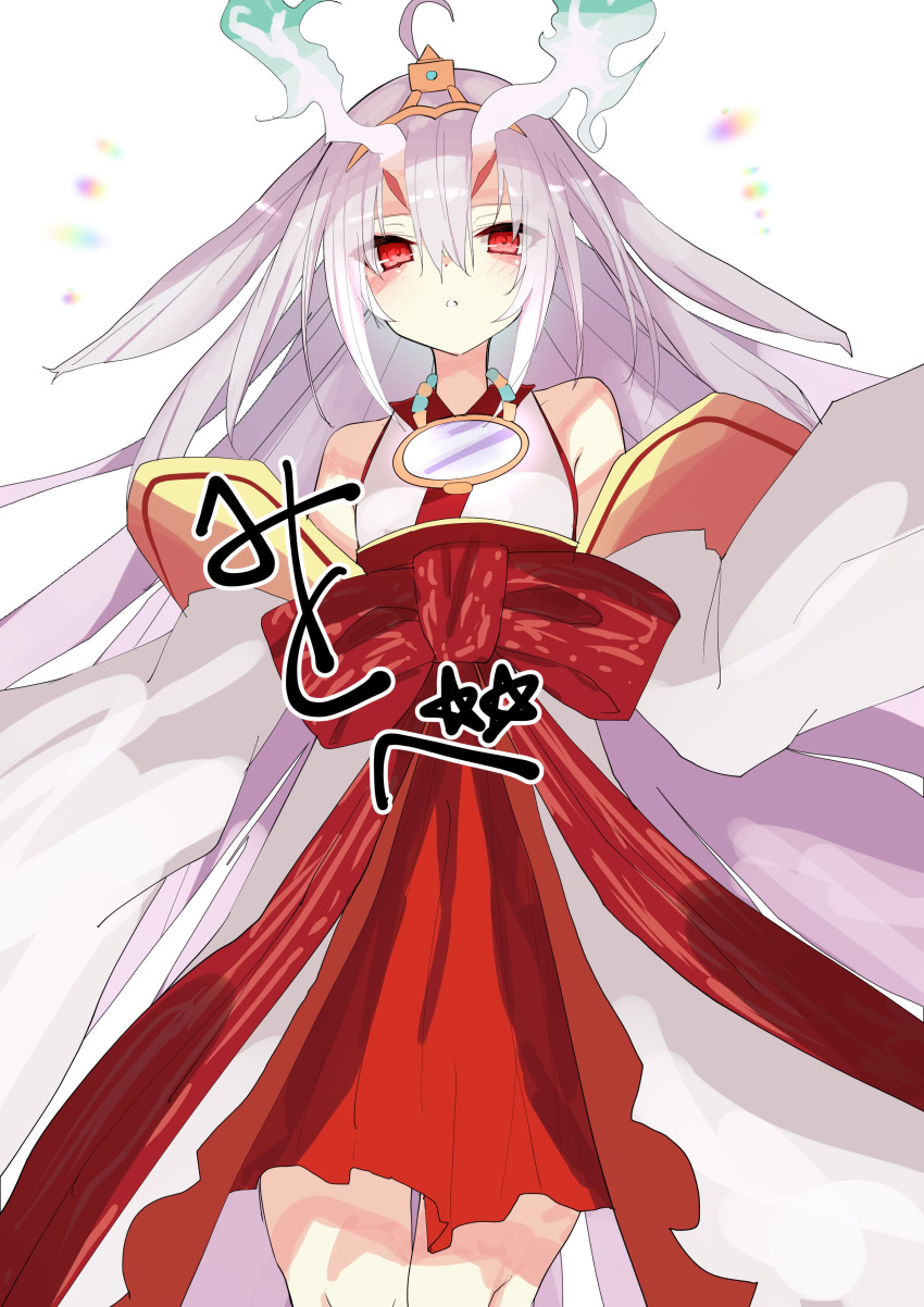 1girl absurdres ahoge bangs bare_shoulders blush bow cowboy_shot detached_sleeves duel_monster fiery_horns hair_between_eyes hair_ornament highres horns japanese_clothes jewelry kamiya_mitobe kimono kurikara_the_immovable_avatar long_hair long_sleeves mirror necklace red_bow red_eyes signature silver_hair sleeveless sleeveless_kimono solo wide_sleeves yu-gi-oh!