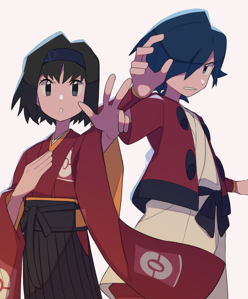 1boy 1girl alternate_color bangs black_hair black_sash blue_hair buttons commentary_request erika_(pokemon) eyelashes falkner_(pokemon) grey_eyes hair_over_one_eye hairband hakama hakama_skirt highres jacket japanese_clothes kimono looking_at_viewer open_clothes open_jacket outstretched_arm parted_lips poke_ball_print pokemon pokemon_(game) pokemon_masters_ex red_jacket red_kimono sash short_hair simple_background skirt tyako_089 white_background wide_sleeves