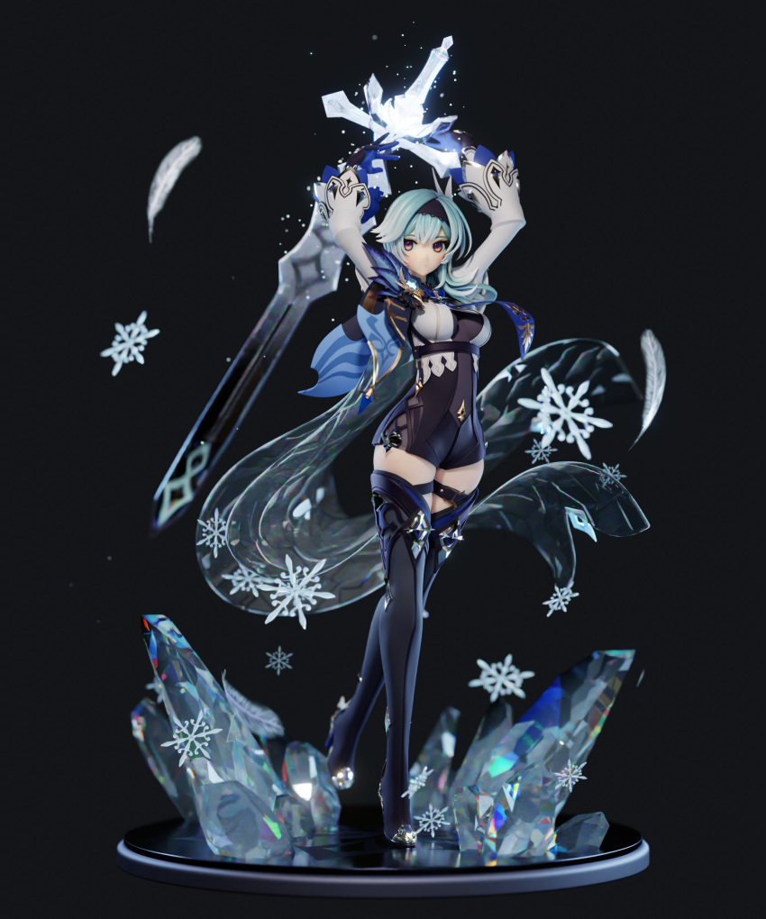 1girl 3d absurdres arms_up blue_hair bodysuit boots cape eula_(genshin_impact) feathers genshin_impact gloves glowing greatsword hairband high_heel_boots high_heels highres holding holding_sword holding_weapon ice leg_up leotard long_sleeves looking_to_the_side medium_hair multicolored_eyes pablo_dobarro see-through_leotard snowflakes solo sword thigh-highs thigh_boots thigh_strap transparent vision_(genshin_impact) weapon