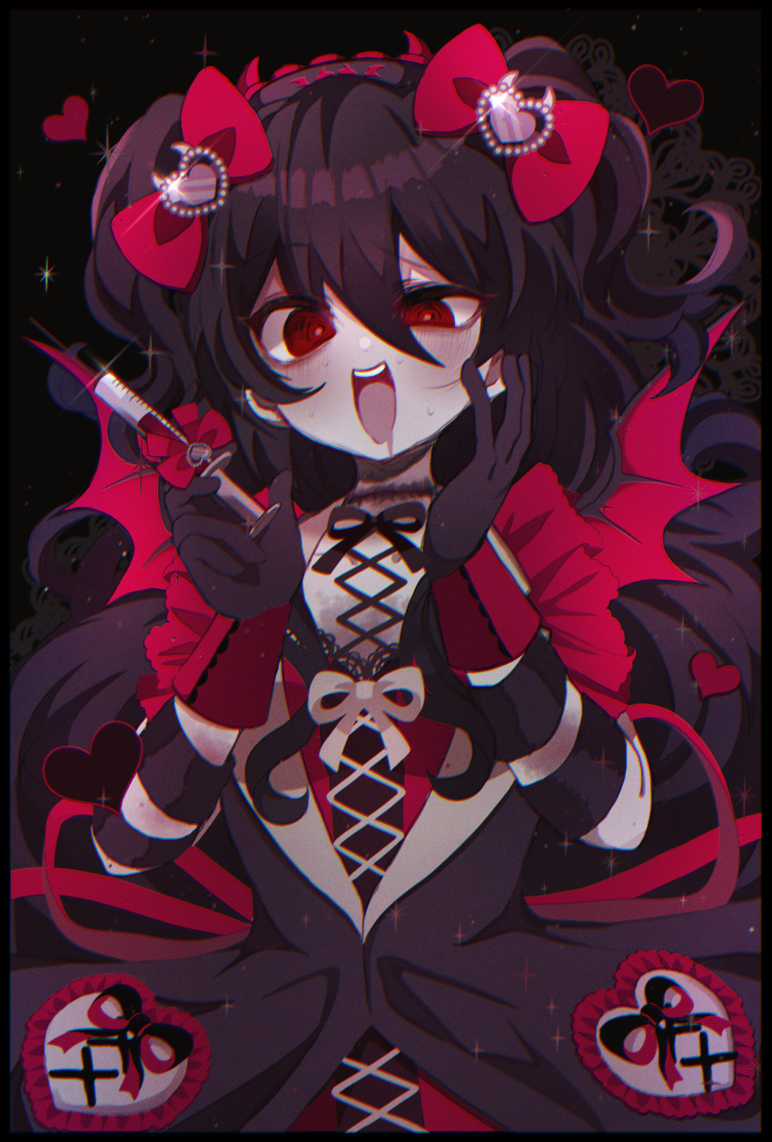 1girl :d absurdres armband bangs bat_wings black_hair blush bow corset demon_horns demon_wings dress empty_eyes evil_smile frills gloves hair_bow hair_ornament half-closed_eyes hand_on_own_cheek hand_on_own_face headband heart heart_hair_ornament highres holding holding_syringe holding_weapon horns lace long_hair looking_at_viewer open_mouth original patch purple_hair red_eyes ribbon sadf8353 saliva shiny short_sleeves short_twintails smile solo sparkle stitched_neck stitches sweat sweating_profusely syringe twintails very_long_hair weapon wings