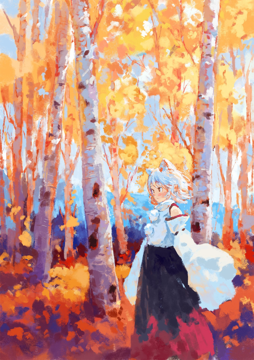 1girl animal_ears autumn autumn_leaves bangs bare_shoulders black_skirt blue_hair blue_sky blush closed_mouth clouds cloudy_sky commentary_request detached_sleeves eyebrows_visible_through_hair fjsmu forest hair_between_eyes highres inubashiri_momiji leaf long_sleeves looking_to_the_side mountain multicolored_hair nature no_hat no_headwear orange_hair pointy_ears pom_pom_(clothes) red_eyes red_skirt scenery shirt short_hair skirt sky solo standing touhou tree white_hair white_shirt wide_sleeves wolf_ears