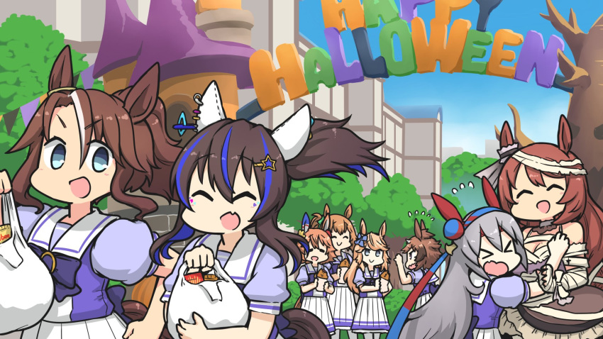 &gt;_&lt; 6+girls :d ^_^ bag bangs blue_bow blue_eyes blue_hair blue_shirt blue_sky blush bow brown_hair closed_eyes commentary_request daitaku_helios_(umamusume) day eyebrows_visible_through_hair flower food gold_city_(umamusume) grey_hair hair_between_eyes hair_bow hair_flower hair_ornament hamu_koutarou highres holding holding_bag holding_food horse_girl long_hair make_up_in_halloween!_(umamusume) matikanefukukitaru_(umamusume) mejiro_palmer_(umamusume) multicolored_hair multiple_girls mummy_costume outdoors parted_bangs plastic_bag pleated_skirt ponytail puffy_short_sleeves puffy_sleeves shinko_windy_(umamusume) shirt short_sleeves skirt sky smile streaked_hair super_creek_(chiffon_ribbon_mummy)_(umamusume) super_creek_(umamusume) taiki_shuttle_(umamusume) taiyaki tamamo_cross_(umamusume) umamusume very_long_hair wagashi wavy_mouth white_hair white_skirt yellow_flower