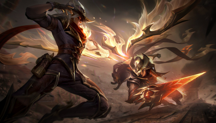 2boys absurdres black_shirt brown_gloves cowboy_hat detached_wings eye_mask gloves glowing glowing_eyes grey_hair hat high_noon_talon high_noon_varus highres holding holding_weapon jumping league_of_legends long_hair male_focus multiple_boys official_alternate_costume official_art outdoors pants redhead shirt smile talon_(league_of_legends) varus weapon wings