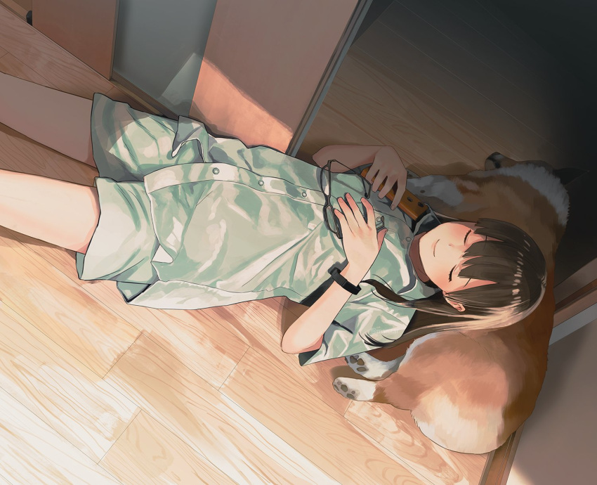 1girl bangs black_hair blunt_bangs cellphone closed_eyes collared_shirt commentary_request dog dog_pillow eyewear_removed feet_out_of_frame green_shirt green_shorts highres indoors long_hair lying morifumi on_back on_floor original pajamas phone shirt shorts sleeping smartphone smartwatch solo welsh_corgi