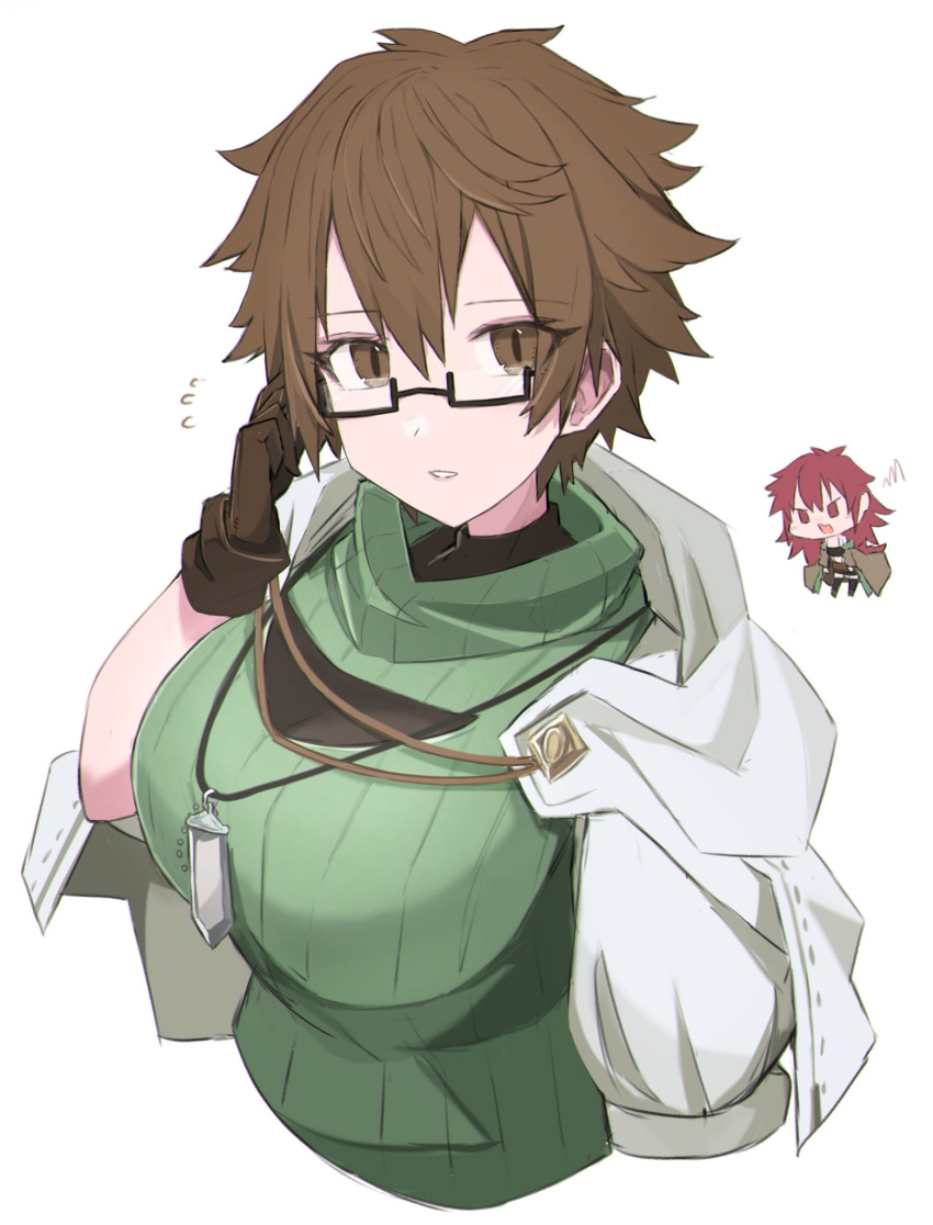 2girls adjusting_eyewear aussa_the_earth_channeler aussa_the_earth_charmer bangs breasts brown_eyes brown_hair chibi chibi_inset cloak duel_monster glasses green_sweater highres hiita_the_fire_charmer hood hood_down jewelry large_breasts long_hair looking_at_viewer multiple_girls necklace open_mouth parted_lips red_eyes redhead ribbed_sweater sakuragi_raia short_hair short_sleeves sweater turtleneck turtleneck_sweater upper_body white_cloak yu-gi-oh!