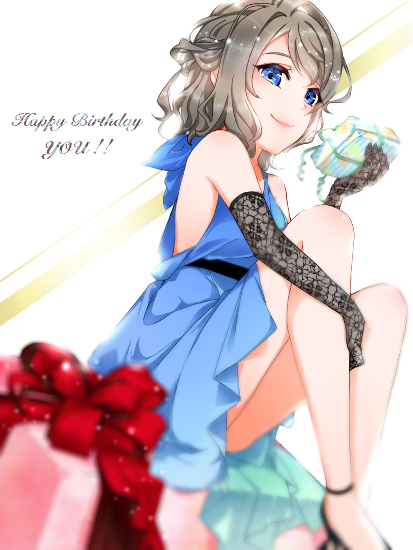 1girl absurdres bangs bare_legs blue_dress blue_eyes blurry blurry_foreground box brown_hair closed_mouth dress elbow_gloves gift gift_box gloves happy_birthday highres holding holding_gift love_live! love_live!_sunshine!! medium_hair pleated_dress shiny shiny_hair short_dress sitting sleeveless sleeveless_dress smile solo torakichi watanabe_you
