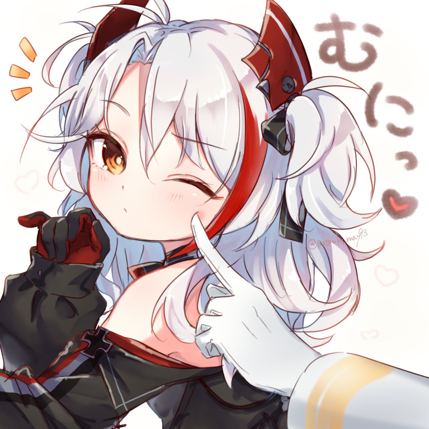 1boy 1girl azur_lane bangs brown_eyes cheek_poking choker commander_(azur_lane) commentary_request eugen-chan_(azur_lane) eyebrows_visible_through_hair finger_to_cheek gloves hair_between_eyes hair_ornament head_tilt highres long_hair long_sleeves looking_at_viewer looking_back military military_uniform multicolored_hair naval_uniform one_eye_closed out_of_frame parted_bangs poking pov satsuki_meguru sidelocks silver_hair simple_background translation_request two-tone_hair two_side_up uniform white_gloves