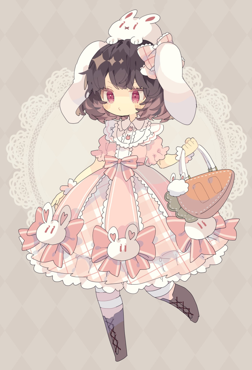 1girl alternate_costume animal_ears animal_on_head black_hair boots bow chess_piece cross-laced_footwear dress frills highres inaba_tewi nikorashi-ka on_head pink_dress plaid plaid_background rabbit rabbit_ears red_eyes short_hair solo touhou