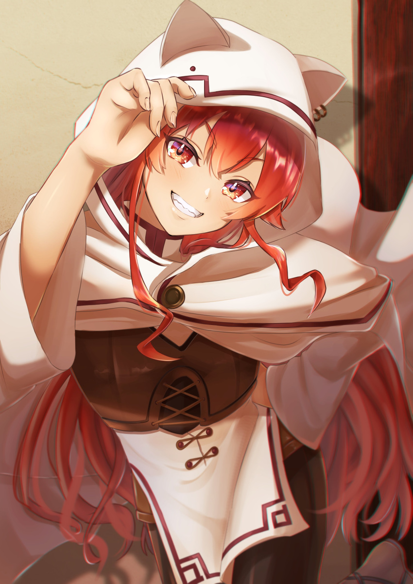 1girl absurdres animal_hood bangs blush bunching_hair cape crossed_bangs eris_greyrat hair_between_eyes highres hood hooded_cape long_hair mushoku_tensei red_eyes redhead smirk thick_eyebrows totorichu