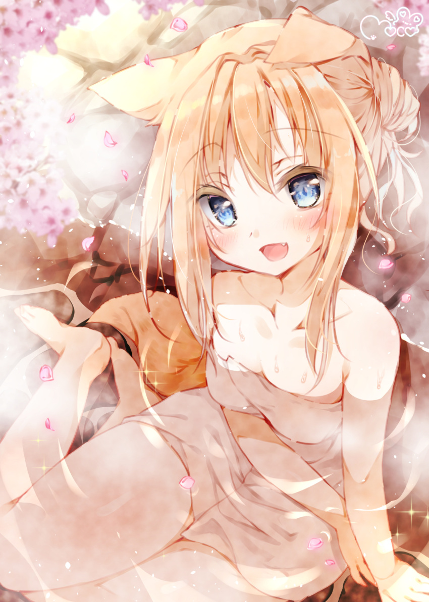 1girl animal_ears bare_shoulders barefoot blue_eyes blush breasts brown_hair cherry_blossoms dog_ears dog_girl dog_tail fang feet flower hair_bun highres long_hair looking_at_viewer moco_ofuton naked_towel onsen open_mouth original partially_submerged sitting small_breasts smile solo tail thighs towel water