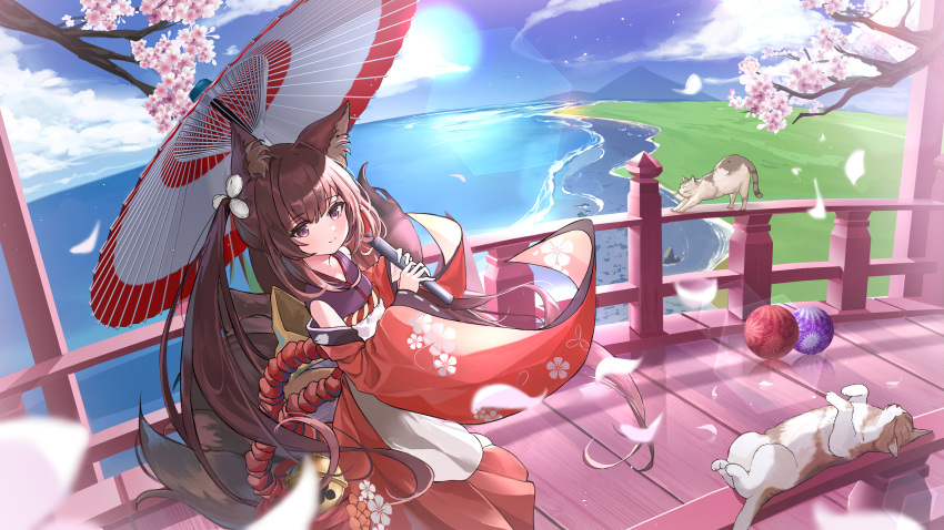 1girl absurdres amagi-chan_(azur_lane) animal_ears architecture azur_lane bangs beach bell blue_sky blunt_bangs bridge brown_hair cat cherry_blossoms clouds cloudy_sky commentary detached_sleeves east_asian_architecture eyebrows_visible_through_hair fisheye fox_ears fox_girl fox_tail from_above hair_ornament highres holding holding_umbrella horizon kyuubi lemontea_(ekvr5838) long_hair long_sleeves looking_at_viewer looking_up mountainous_horizon multiple_tails ocean off-shoulder_kimono oil-paper_umbrella petals rope shimenawa sidelocks sky tail tree twintails umbrella violet_eyes wide_sleeves wind