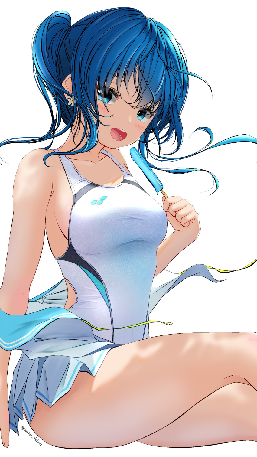 1girl absurdres aigami_kaon blue_eyes blue_hair commentary_request competition_swimsuit cowboy_shot food garter-velvet highres long_hair looking_at_viewer one-piece_swimsuit open_mouth original pleated_skirt ponytail popsicle round_teeth shirt_removed simple_background sitting skirt smile solo swimsuit swimsuit_under_clothes teeth upper_teeth white_background white_skirt white_swimsuit