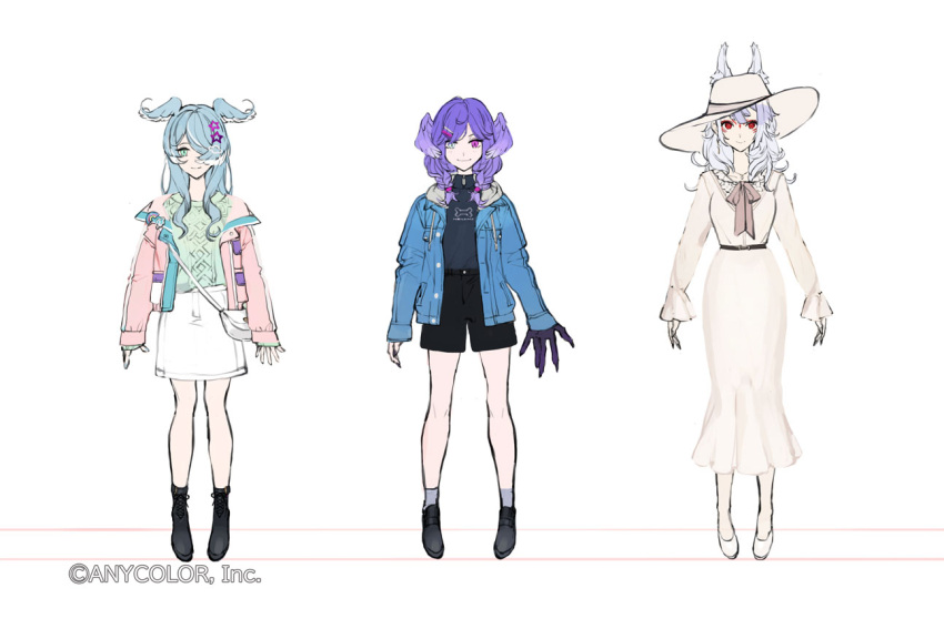 3girls animal_ears black_shirt blue_eyes braid concept_art denim denim_jacket dress elira_pendora fox_ears fox_girl green_sweater grey_hair hair_over_one_eye hat head_wings heterochromia jacket long_hair medium_hair multiple_girls nijisanji nijisanji_en nina_kosaka official_art one_eye_covered open_hands pink_jacket production_art red_eyes selen_tatsuki shirt sketch standing sun_hat sweater twin_braids uonomeuroko violet_eyes virtual_youtuber white_background white_dress white_headwear